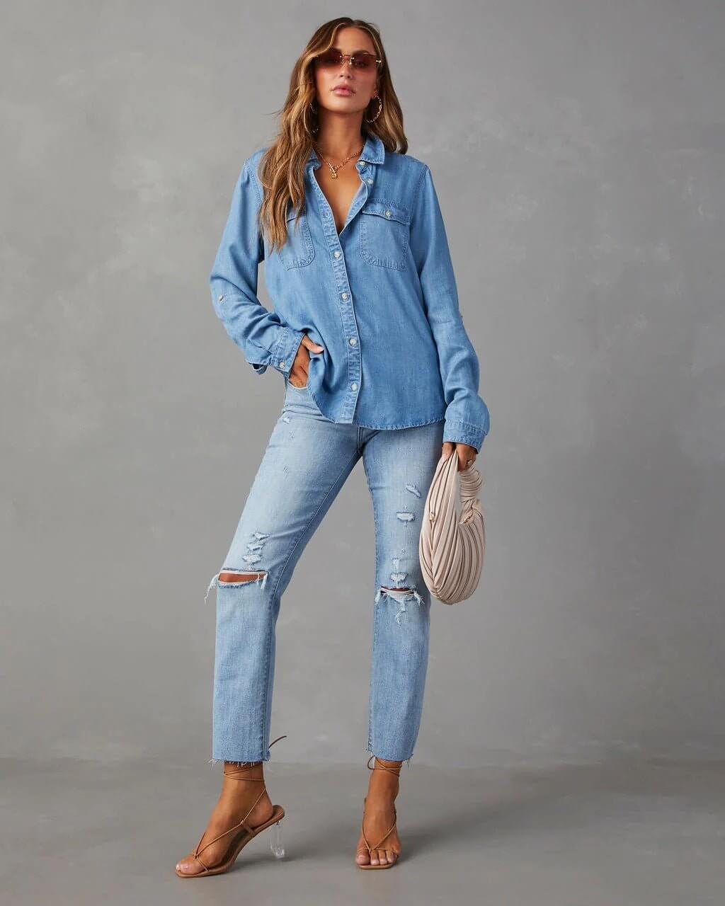 Damen - Hemd mit lockerer Passform - Denim - Lässiger Stil & Bequemer Komfort - Ideal für Alltag und Freizeit