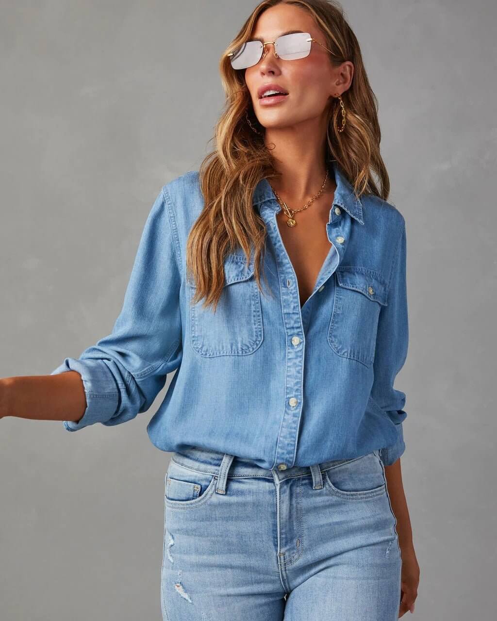 Damen - Hemd mit lockerer Passform - Denim - Lässiger Stil & Bequemer Komfort - Ideal für Alltag und Freizeit