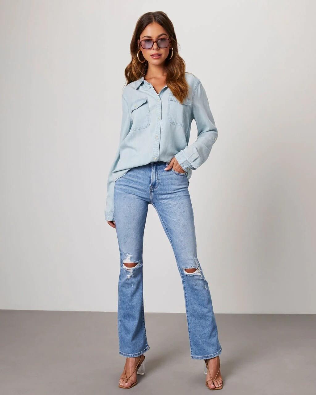 Damen - Hemd mit lockerer Passform - Denim - Lässiger Stil & Bequemer Komfort - Ideal für Alltag und Freizeit