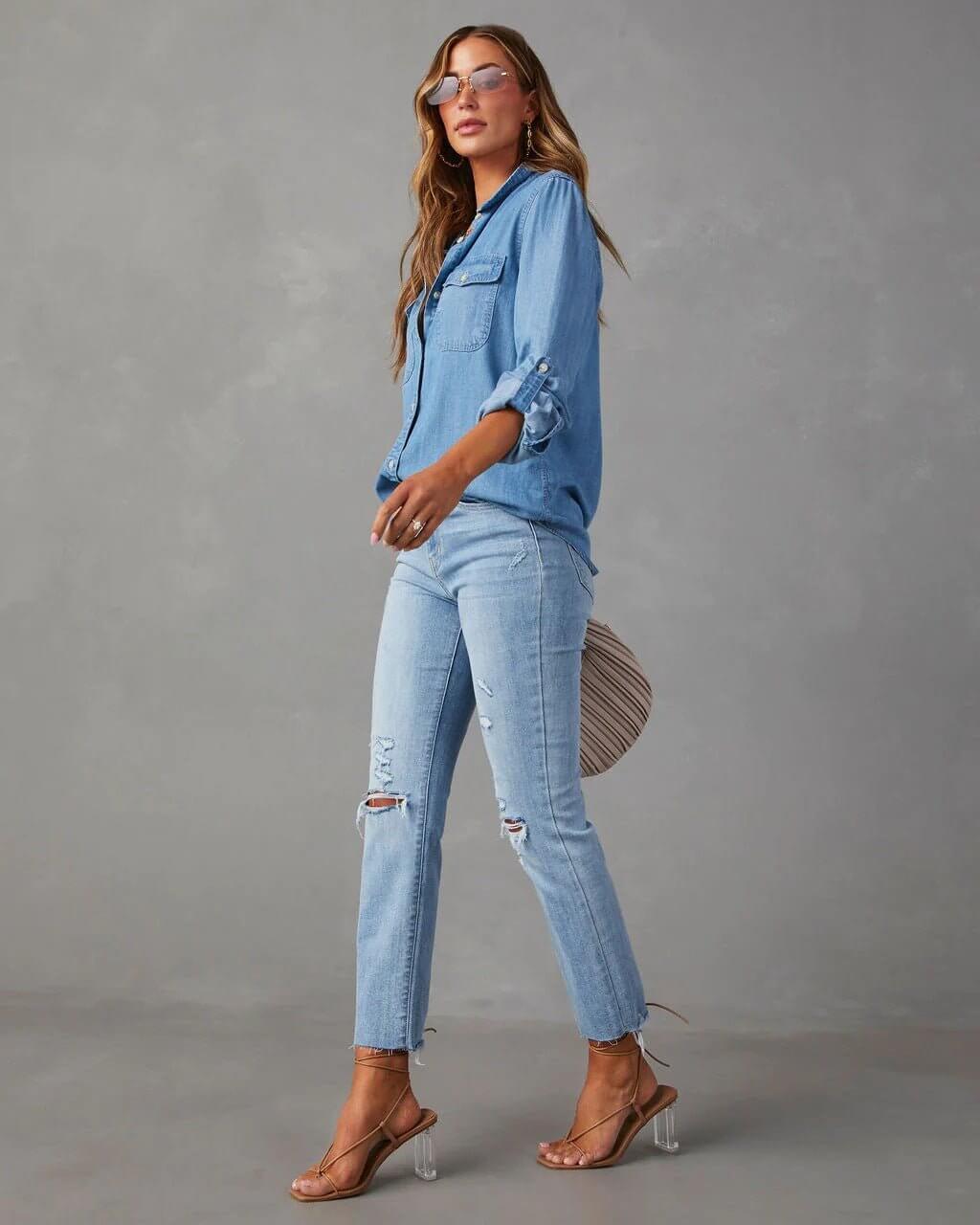Damen - Hemd mit lockerer Passform - Denim - Lässiger Stil & Bequemer Komfort - Ideal für Alltag und Freizeit