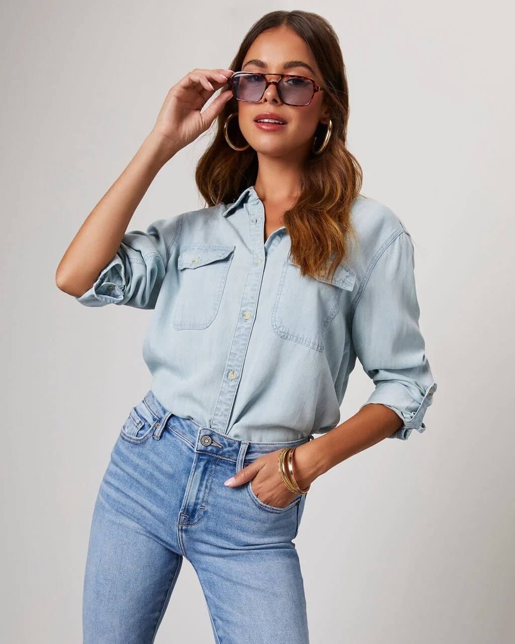 Damen - Hemd mit lockerer Passform - Denim - Lässiger Stil & Bequemer Komfort - Ideal für Alltag und Freizeit