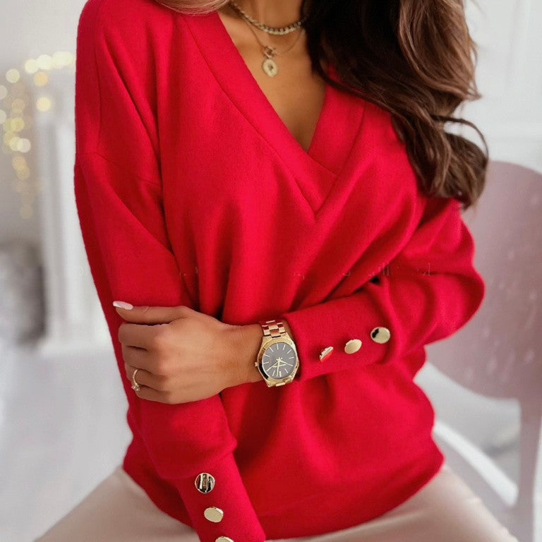 Lix Sweater | Bequemer weicher Damen-Pullover mit V-Ausschnitt und goldenen Knöpfen