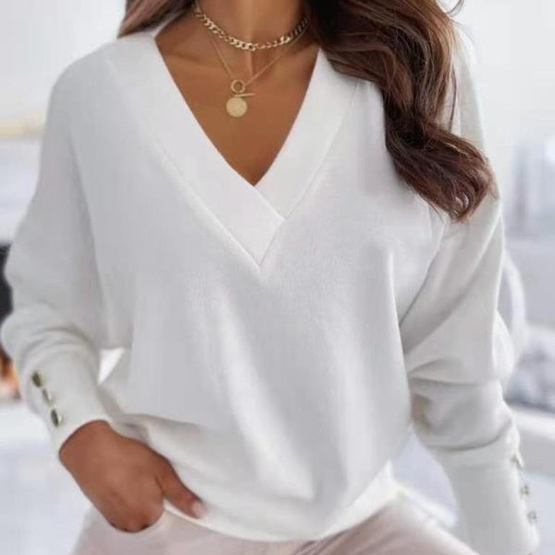 Lix Sweater | Bequemer weicher Damen-Pullover mit V-Ausschnitt und goldenen Knöpfen