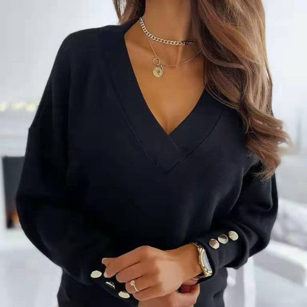 Lix Sweater | Bequemer weicher Damen-Pullover mit V-Ausschnitt und goldenen Knöpfen