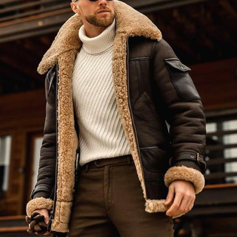 Herren - Mehrfachtaschen Jacke - Kunstpelz Lambswool - Klassischen Design - Ultimativen Winterkomfort