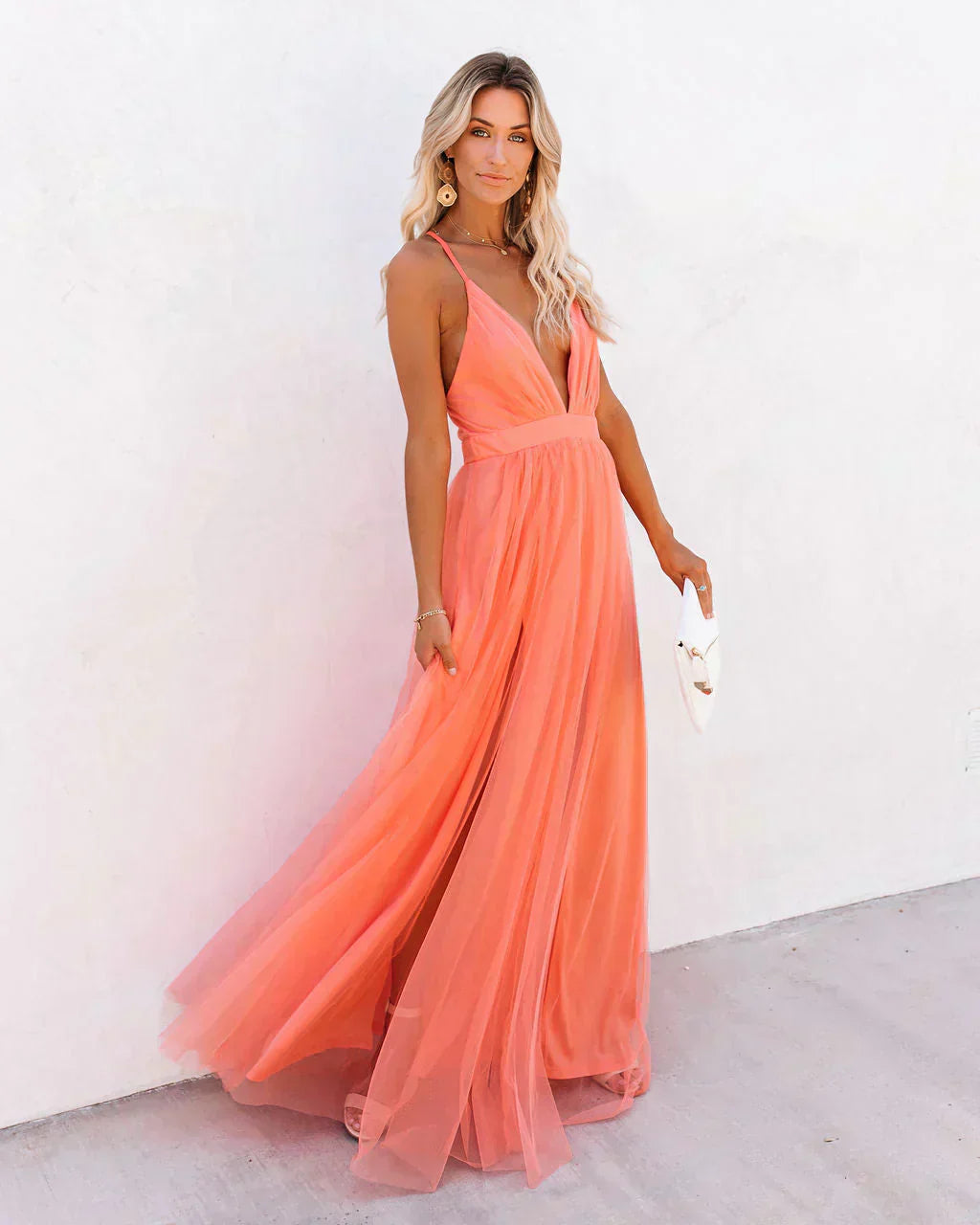 Damen - Langes Chiffon Kleid - V-Ausschnitt - Elegantes Design für jeden Anlass