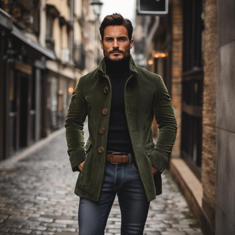 Herren - Vintage Kurzmantel - Cord - Stehkragen Schlanke Passform - Eleganter Look