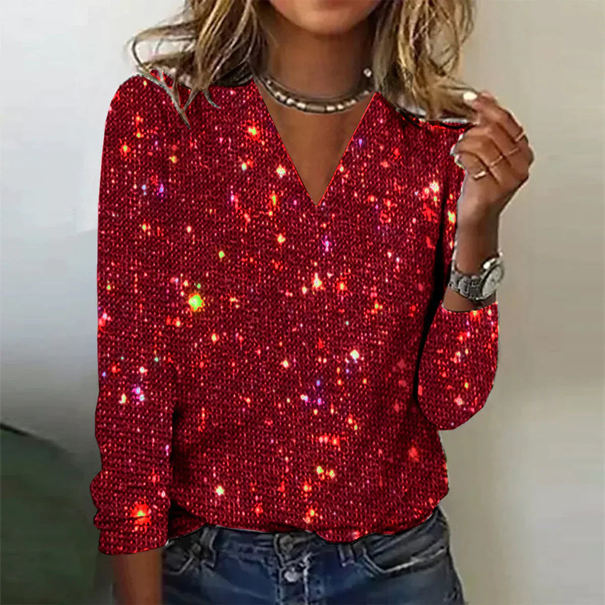 Priscilla | Glitzernder Pullover mit V-Ausschnitt