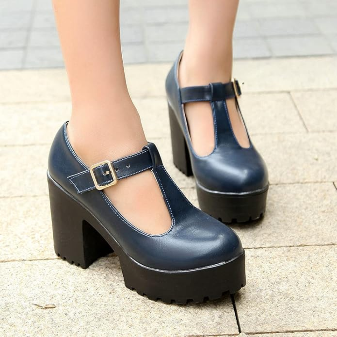 Damen - T-Strap Chunky Plateauabsätze - Stilvoll & Bequem für jeden Anlass