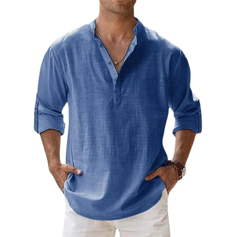 Herren - Langärmliges Poloshirt - Leinen - Chino-Kragen - Stilvolles und atmungsaktives Freizeit Oberteil
