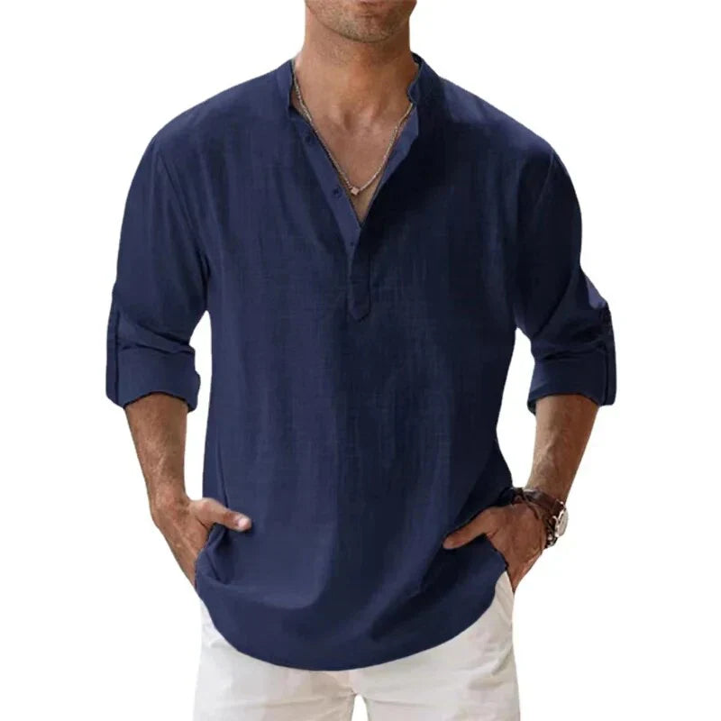 Herren - Langärmliges Poloshirt - Leinen - Chino-Kragen - Stilvolles und atmungsaktives Freizeit Oberteil