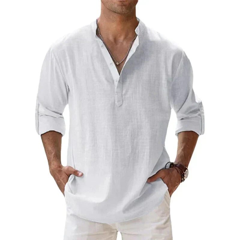 Herren - Langärmliges Poloshirt - Leinen - Chino-Kragen - Stilvolles und atmungsaktives Freizeit Oberteil