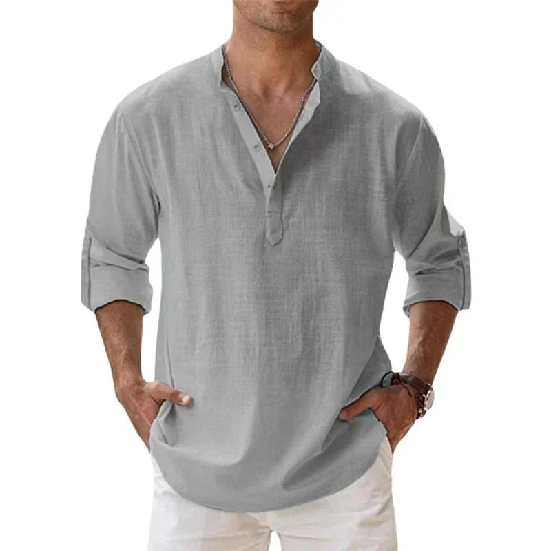 Herren - Langärmliges Poloshirt - Leinen - Chino-Kragen - Stilvolles und atmungsaktives Freizeit Oberteil