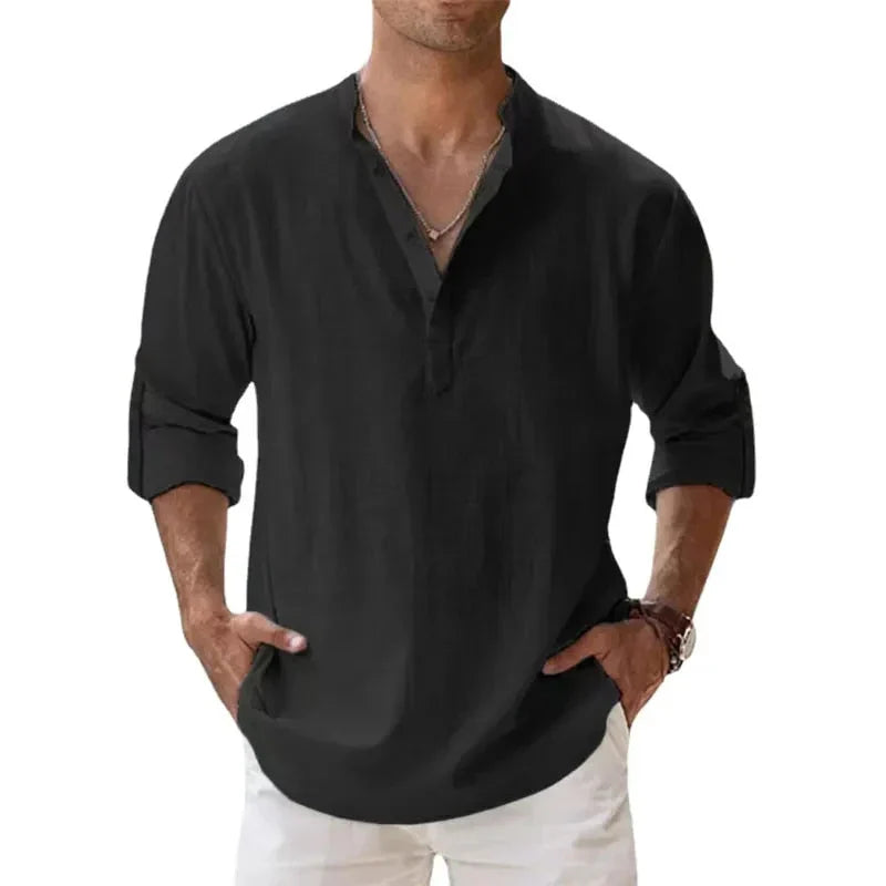 Herren - Langärmliges Poloshirt - Leinen - Chino-Kragen - Stilvolles und atmungsaktives Freizeit Oberteil