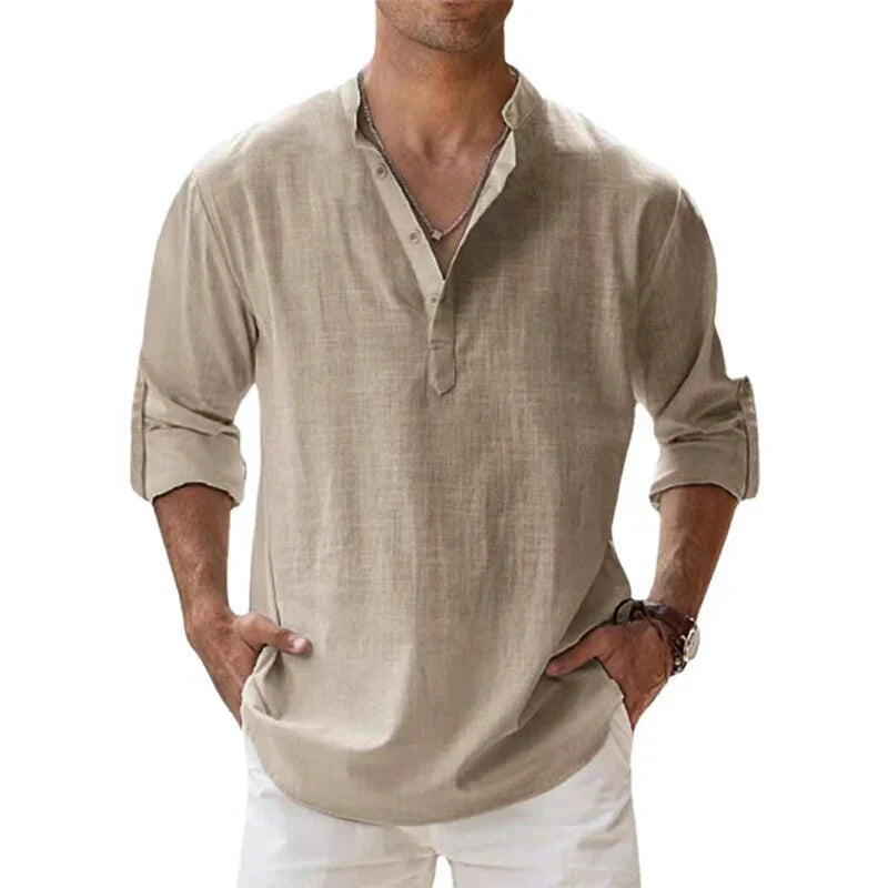 Herren - Langärmliges Poloshirt - Leinen - Chino-Kragen - Stilvolles und atmungsaktives Freizeit Oberteil